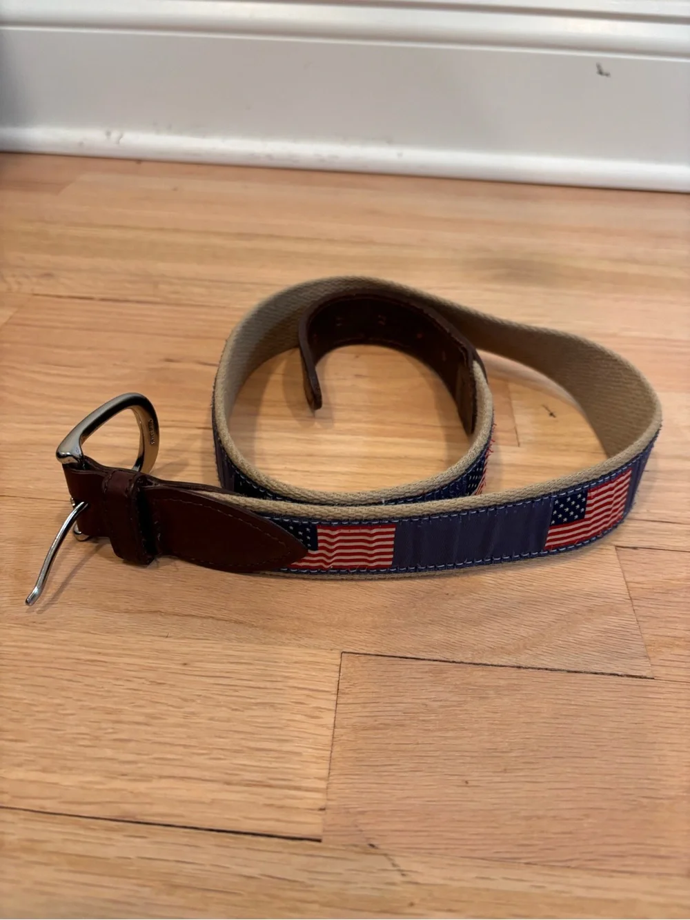 Belted Cow Company ribbon belts featuring embroidered American flags size 34/35